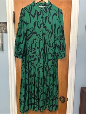 zara green tiger dress ZARA Tiger Print Midi Shirt Dress Green Safari Chic Resort Women M Dolman Sleeve